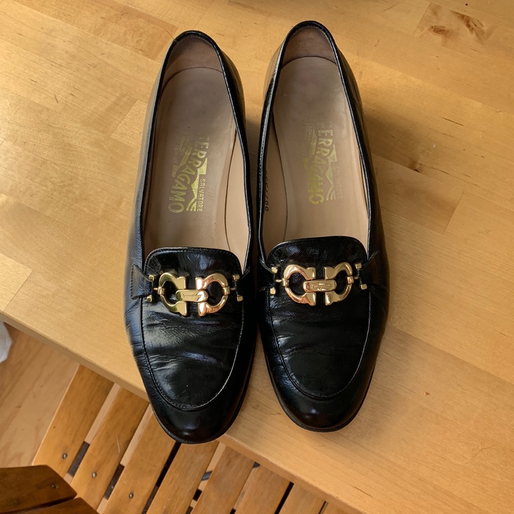 Vintage Ferragamo Black Leather Loafers